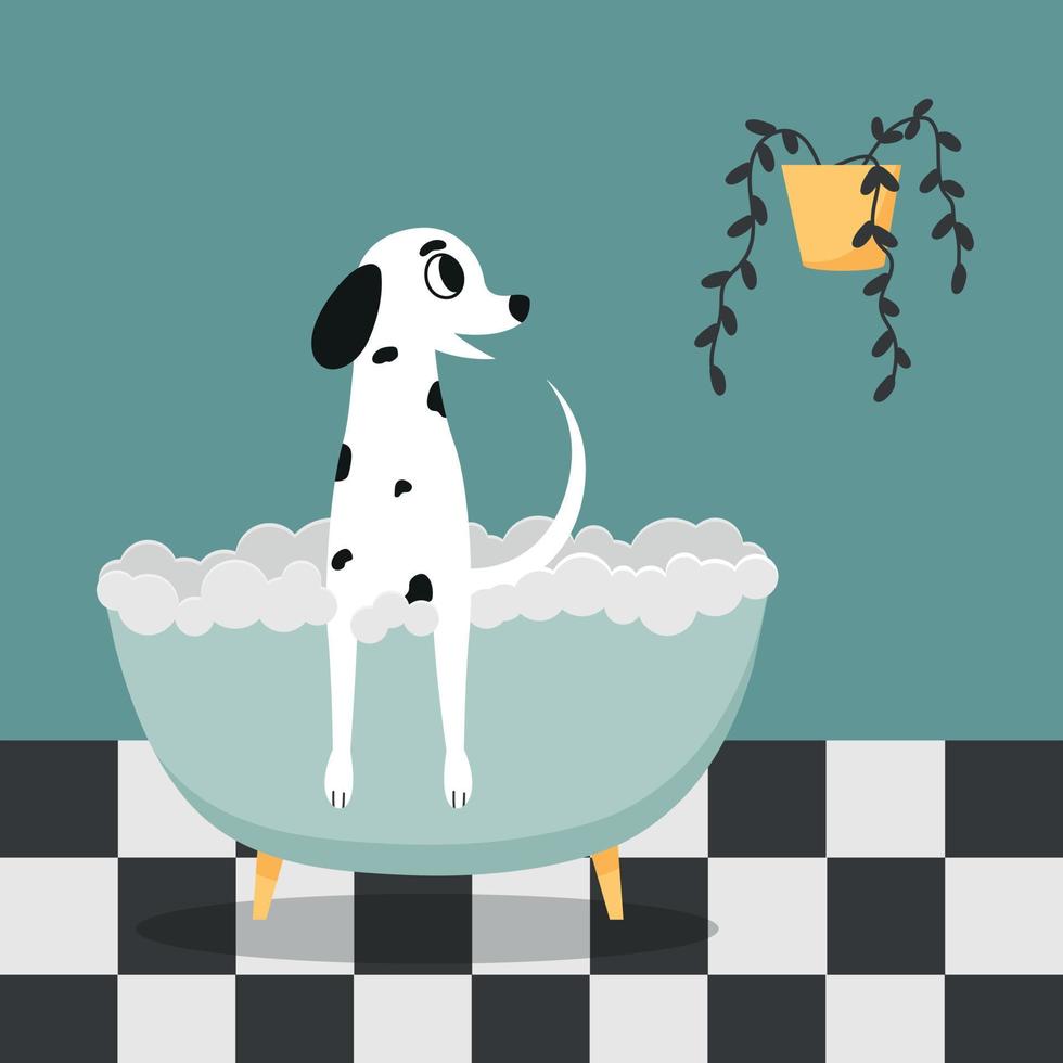 simpatici cani che fanno la doccia in bagno. illustrazione vettoriale del dalmata.