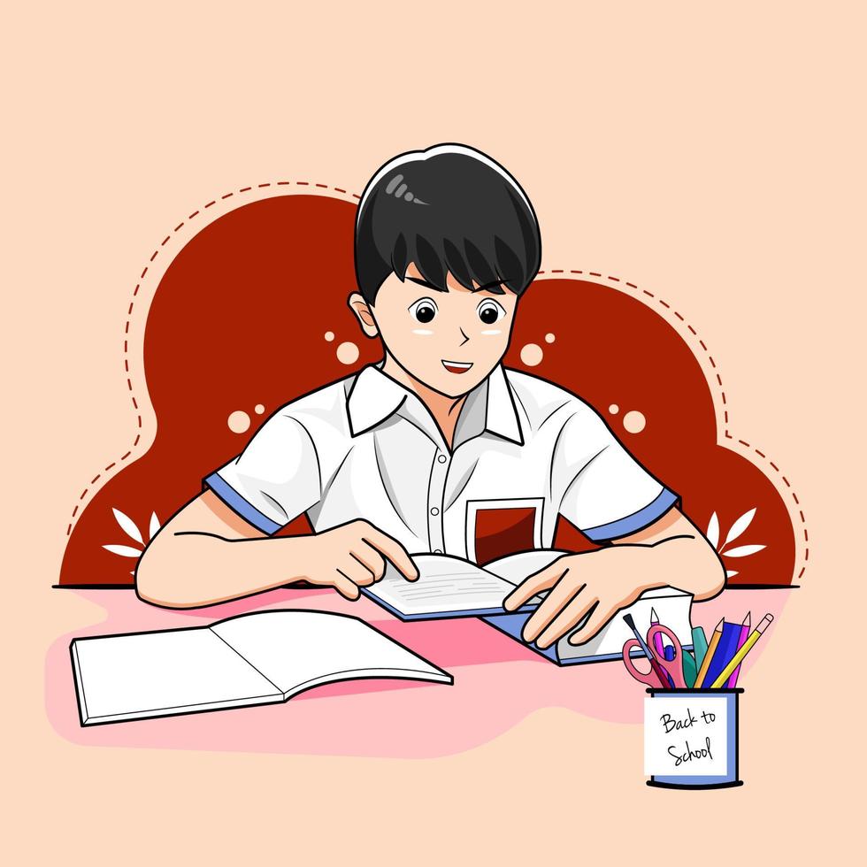 uno scolaro sta curiosamente facendo il download gratuito di illustrazione vettoriale di compiti a casa
