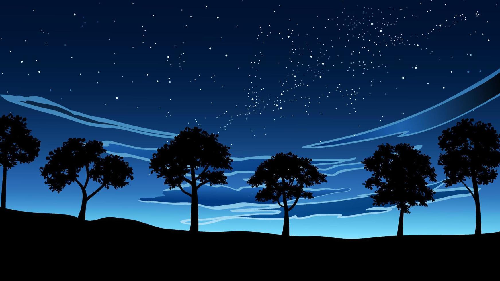 alberi in silhouette contro il cielo stellato vettore