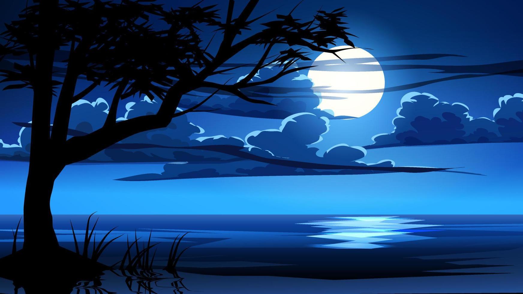 luna piena nell'oceano con cielo nuvoloso e silhouette ad albero vettore
