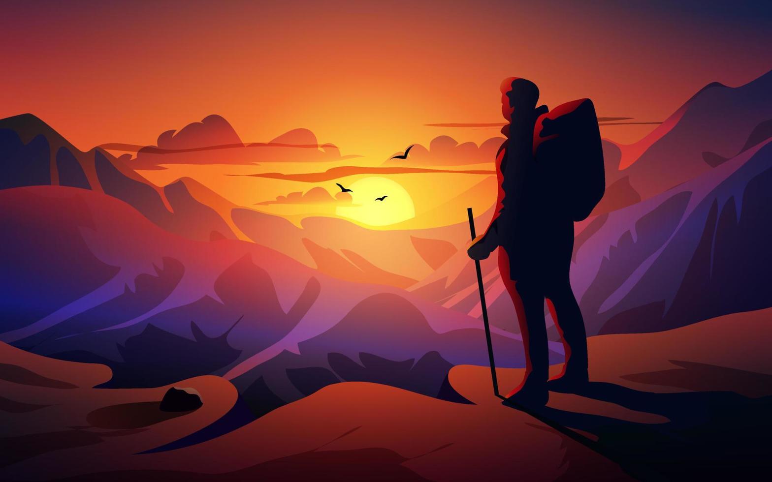 paesaggio al tramonto sulle montagne con un viaggiatore in piedi sulla cima della collina vettore