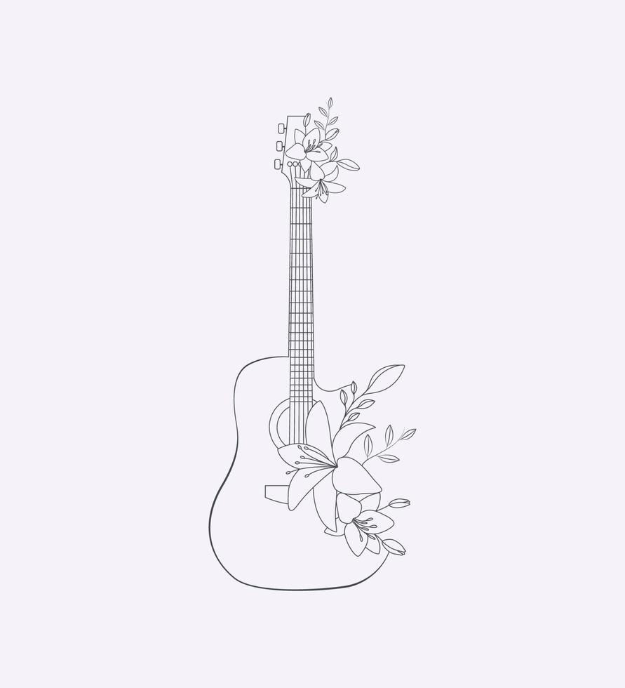 fiore chitarra piatto disegnato a mano linea arte illustrazione strumento musicale art vettore