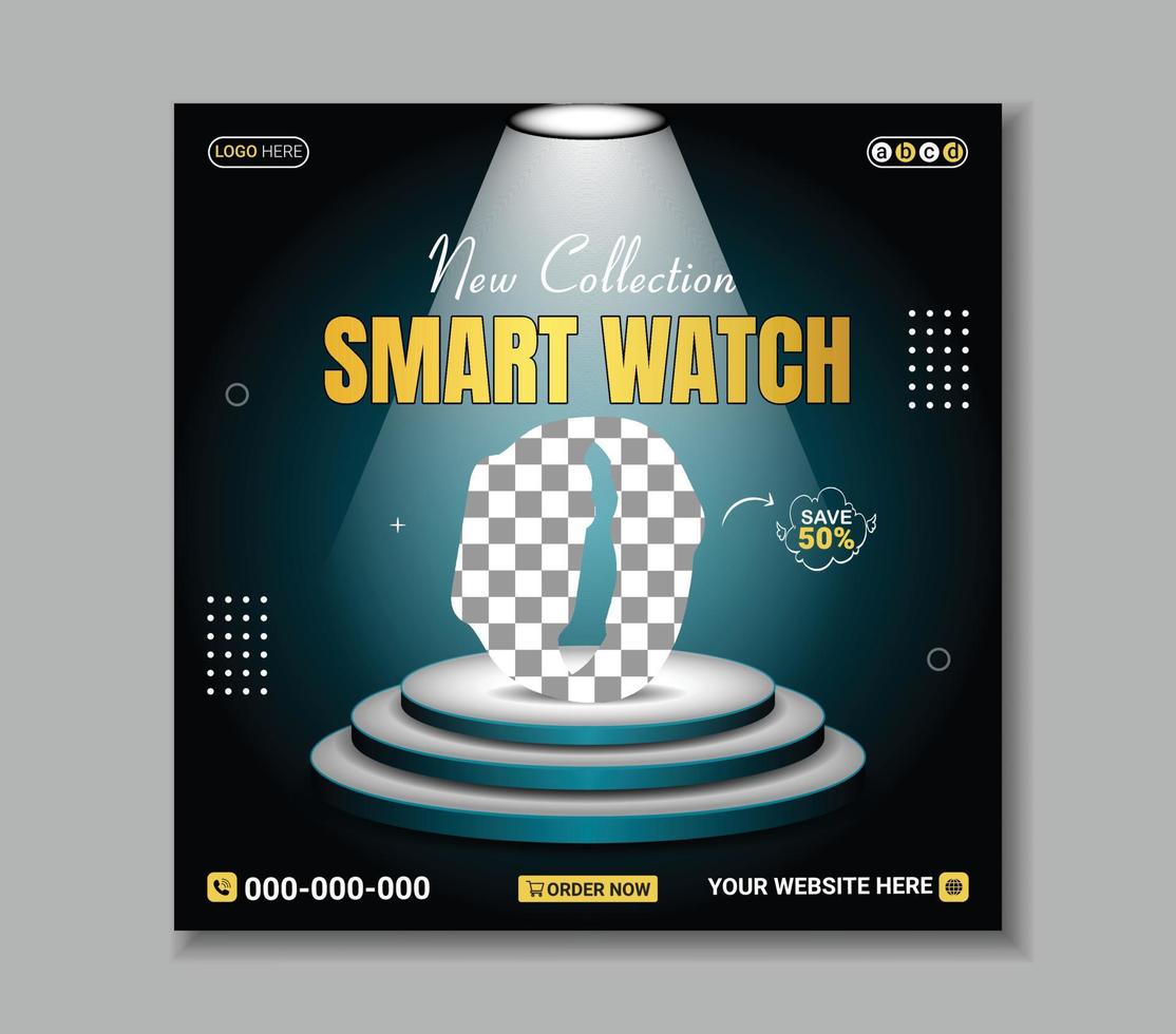 promozione post prodotto smartwatch e banner di sconto. nuovo arrivo smart watch banner web post sui social media vettore