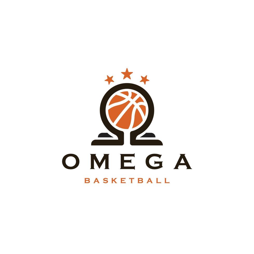 vettore piatto del modello di progettazione dell'icona del logo di pallacanestro omega