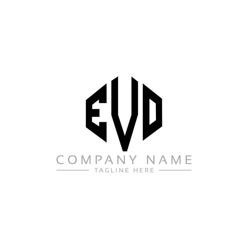 design del logo della lettera evo con forma poligonale. evo poligono e design del logo a forma di cubo. evo esagono modello logo vettoriale colori bianco e nero. monogramma evo, logo aziendale e immobiliare.