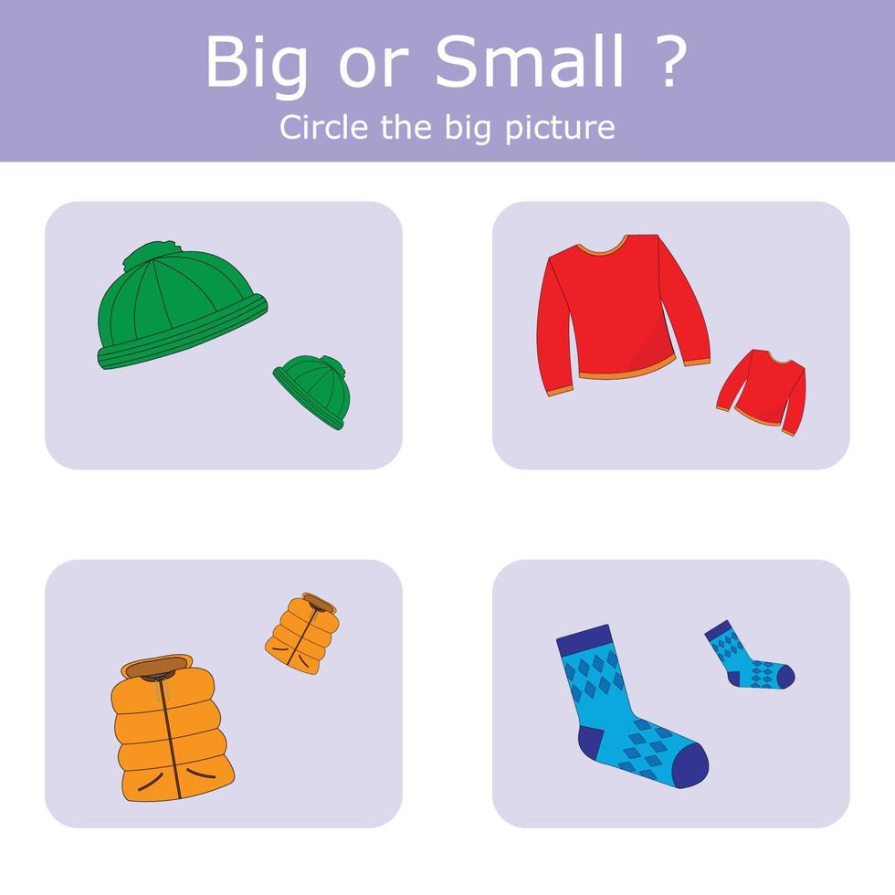 dividere i vestiti in grandi e piccoli. un esempio della parola opposta antonimo per un bambino vettore