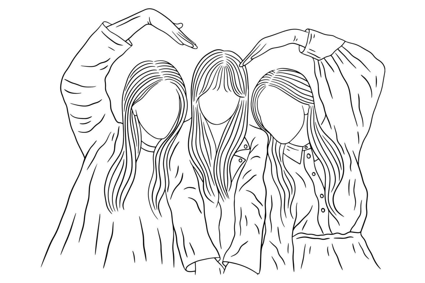 donne felici gruppo ragazza migliore amico amore linea arte disegnata a mano stile illustrazione vettore