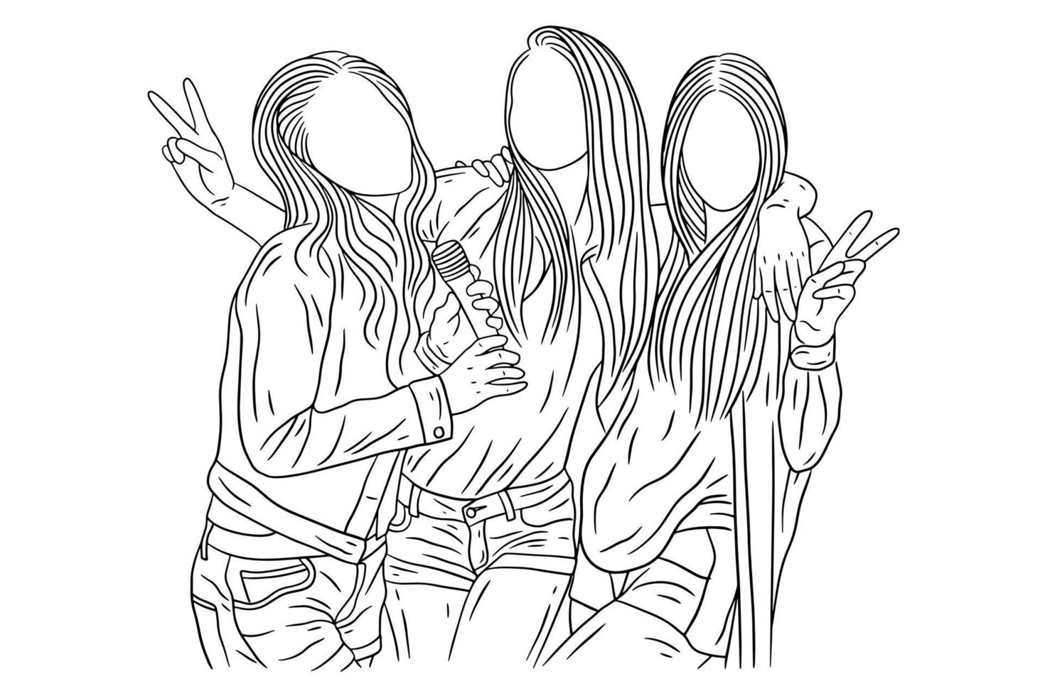 donne felici gruppo ragazza migliore amico amore linea arte disegnata a mano stile illustrazione vettore