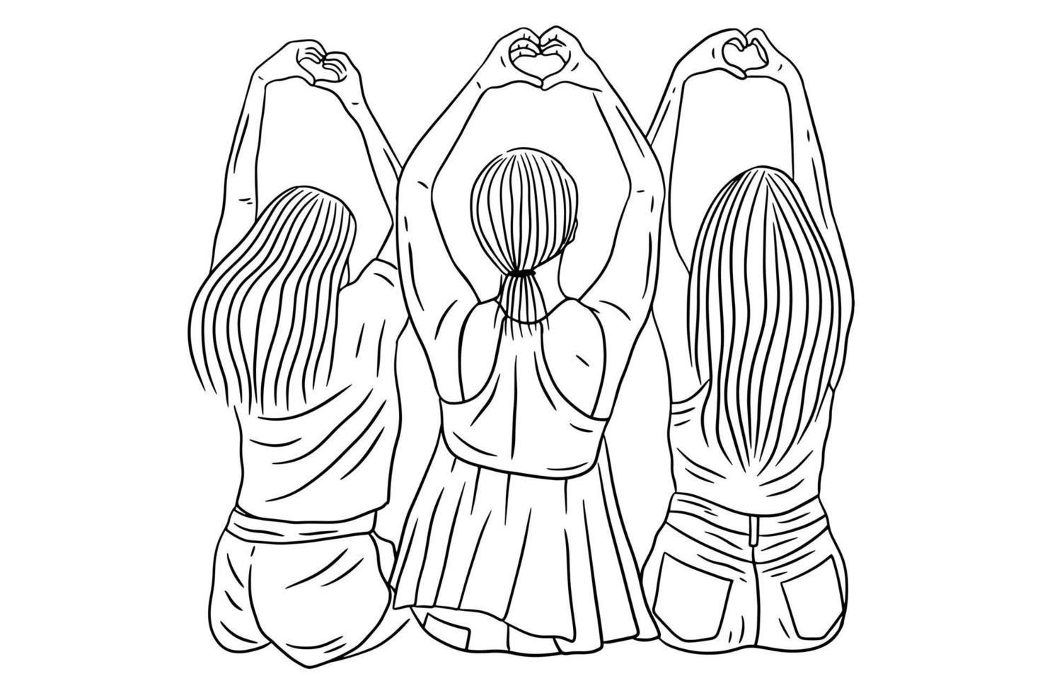 donne felici gruppo ragazza migliore amico amore linea arte disegnata a mano stile illustrazione vettore