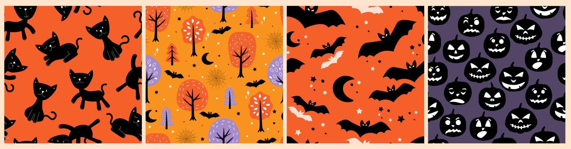 una serie di modelli senza cuciture della celebrazione di Halloween. pipistrelli, orribili facce di zucca, foresta, gattini. grafica vettoriale. vettore