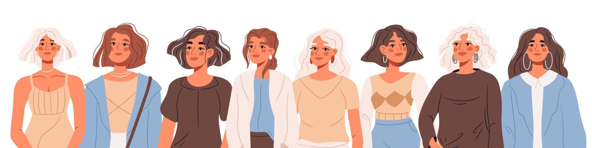 banner con donna in abiti urbani casual alla moda. ritratto di gruppo di giovane donna moderna. illustrazioni vettoriali piatte