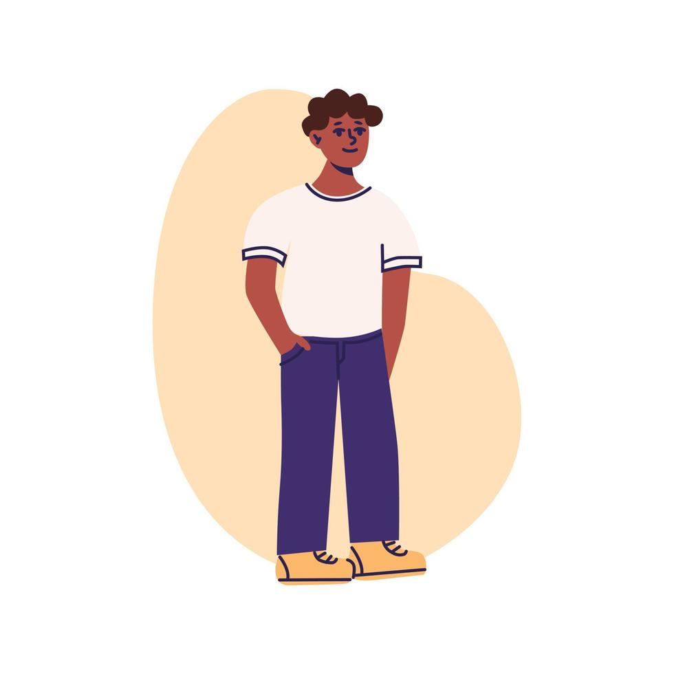 ragazzo afroamericano in piedi in abbigliamento casual o uniforme scolastica. illustrazione vettoriale piatta, isolata su uno sfondo bianco.