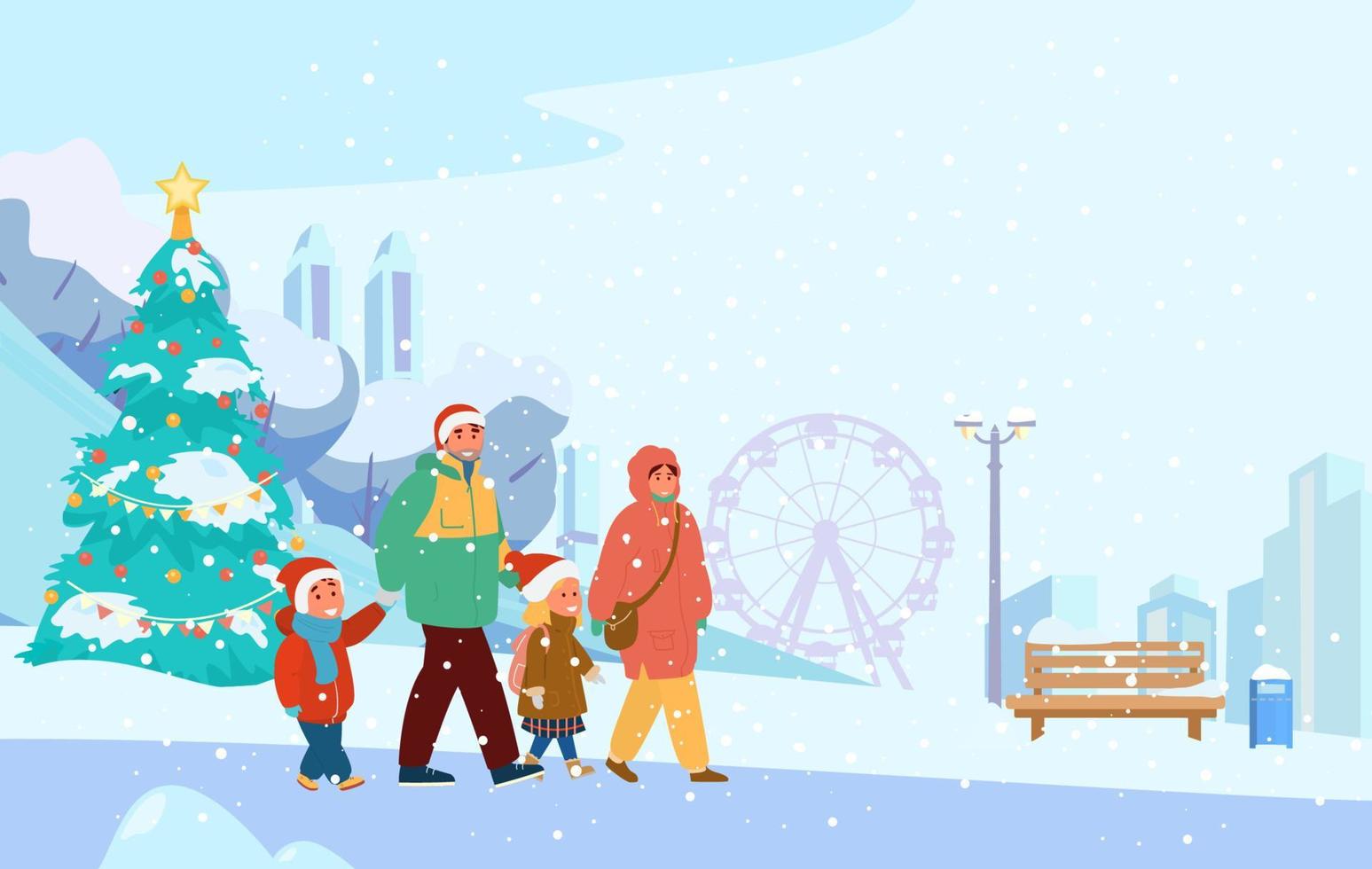 paesaggio del parco invernale con la famiglia felice in cappelli di Babbo Natale a piedi. sagoma della città, albero di natale, panchina, alberi innevati. illustrazione vettoriale piatta.