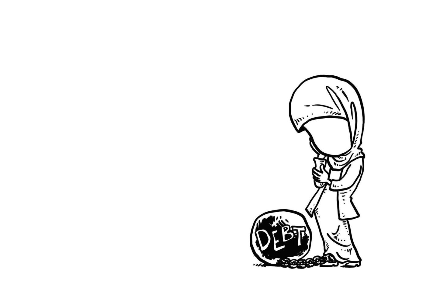 donna d'affari musulmana asiatica intrappolata e incatenata da una grande palla di ferro. disegno dell'illustrazione di vettore del fumetto