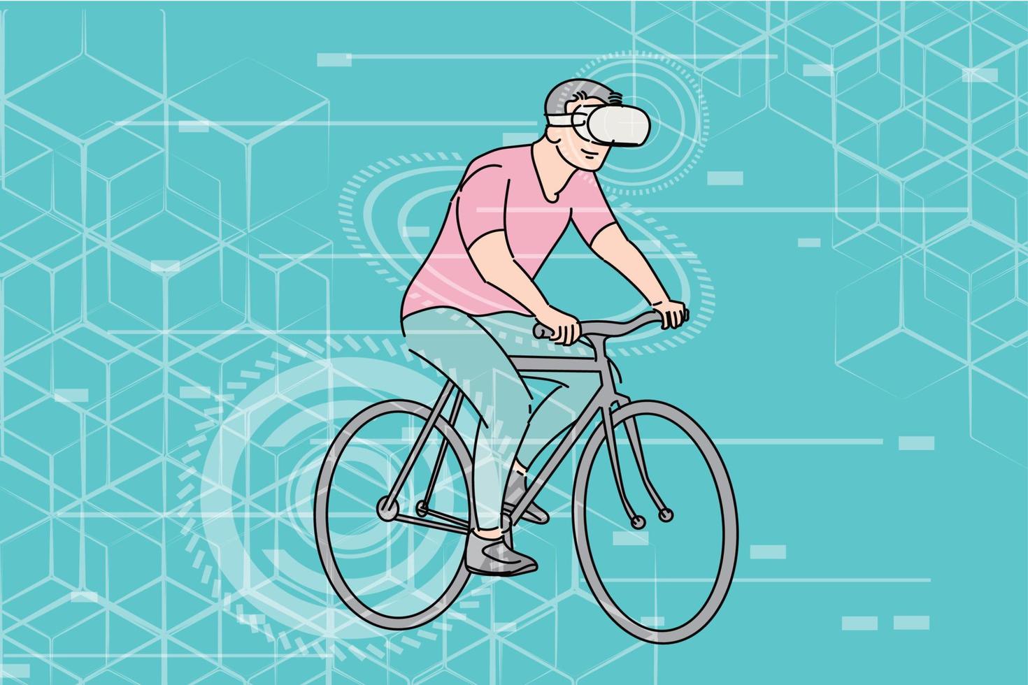 uomo che guida la bici nel mondo della realtà virtuale. illustrazione design piatto vettore