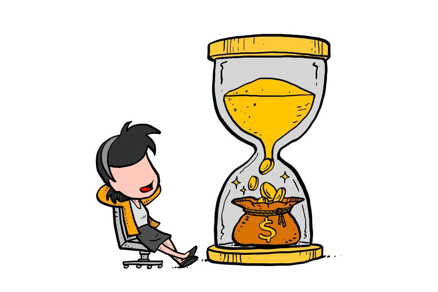 donna d'affari che guarda la sua clessidra di sabbia dorata che gira il tempo per diventare una moneta d'oro. disegno di illustrazione vettoriale