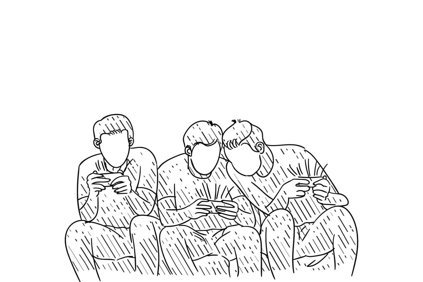 disegnato a mano di un gruppo di amici che giocano in soggiorno e guardano lo smartphone. disegno di illustrazione vettoriale