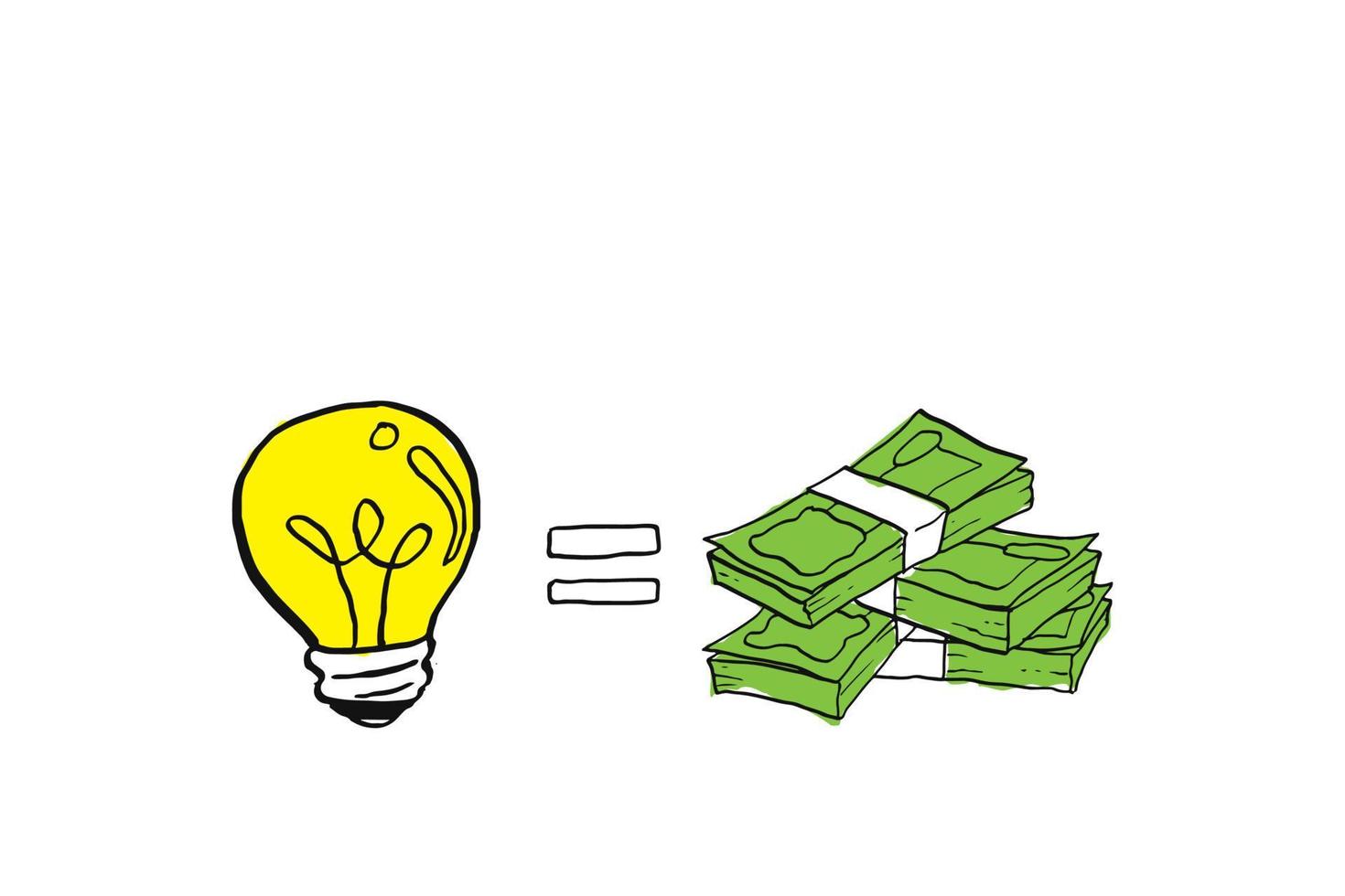 idea uguale al denaro. concetto di valore del denaro. disegno dell'illustrazione di vettore del fumetto