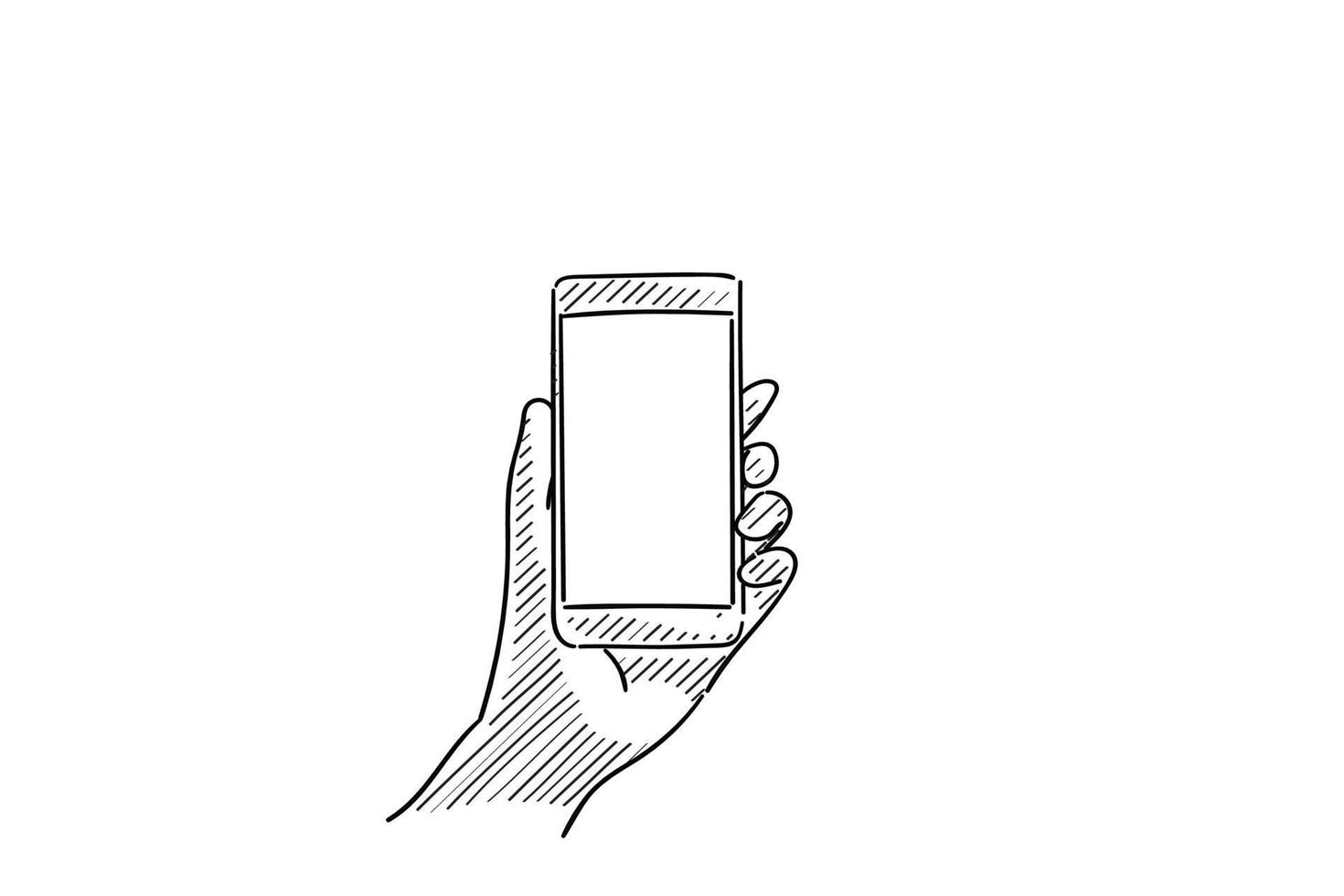 mano sinistra utilizzando il telefono cellulare, mostrando lo schermo vuoto per copyspace - illustrazione vettoriale schizzo disegnato a mano con linee nere, isolato su sfondo bianco