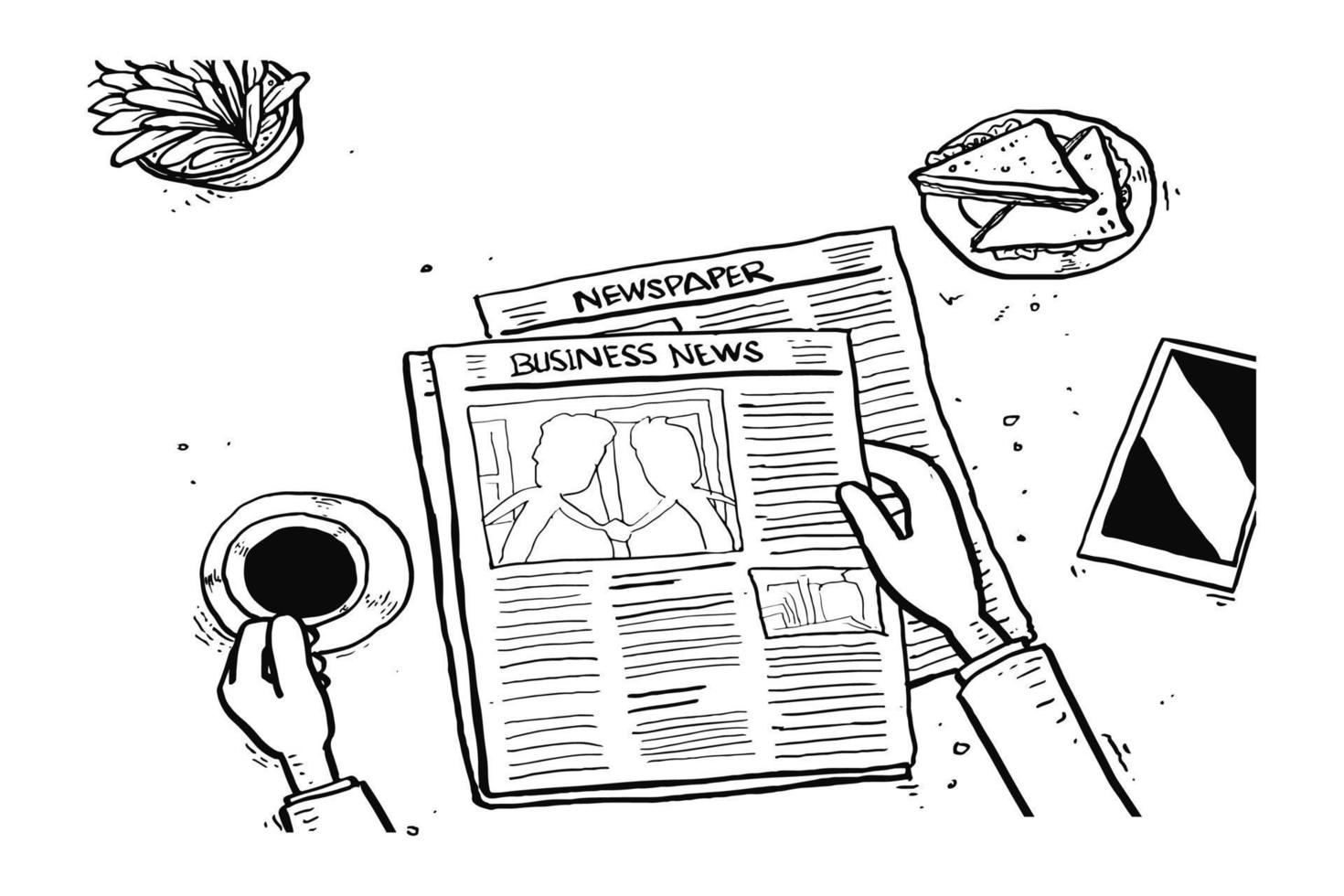 leggendo i giornali al mattino con una tazza di caffè e un panino. disegno dell'illustrazione di vettore del fumetto
