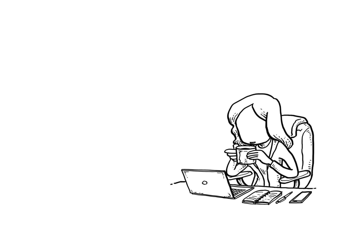rilassati donna d'affari sorseggiando un caffè sulla sua scrivania al mattino. disegno dell'illustrazione di vettore del fumetto
