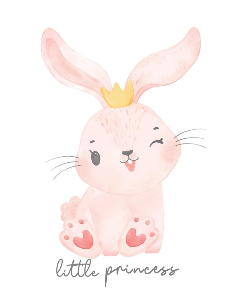 carino felice sorriso coniglio coniglietto seduto e indossando la corona, piccola principessa, vettore disegnato a mano animale della scuola materna della fauna selvatica dell'acquerello