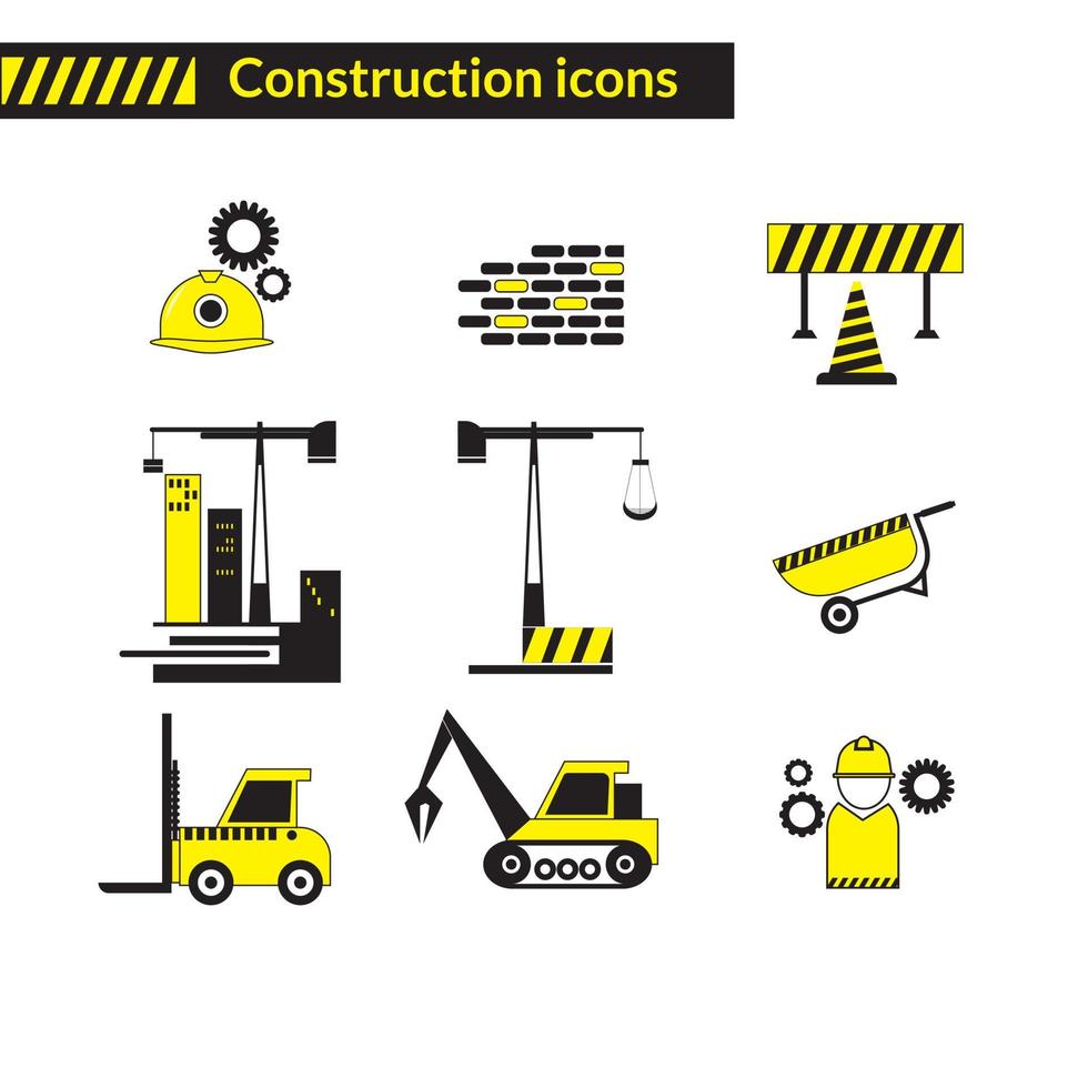 9 set di icone di costruzione in colore giallo e nero vettore