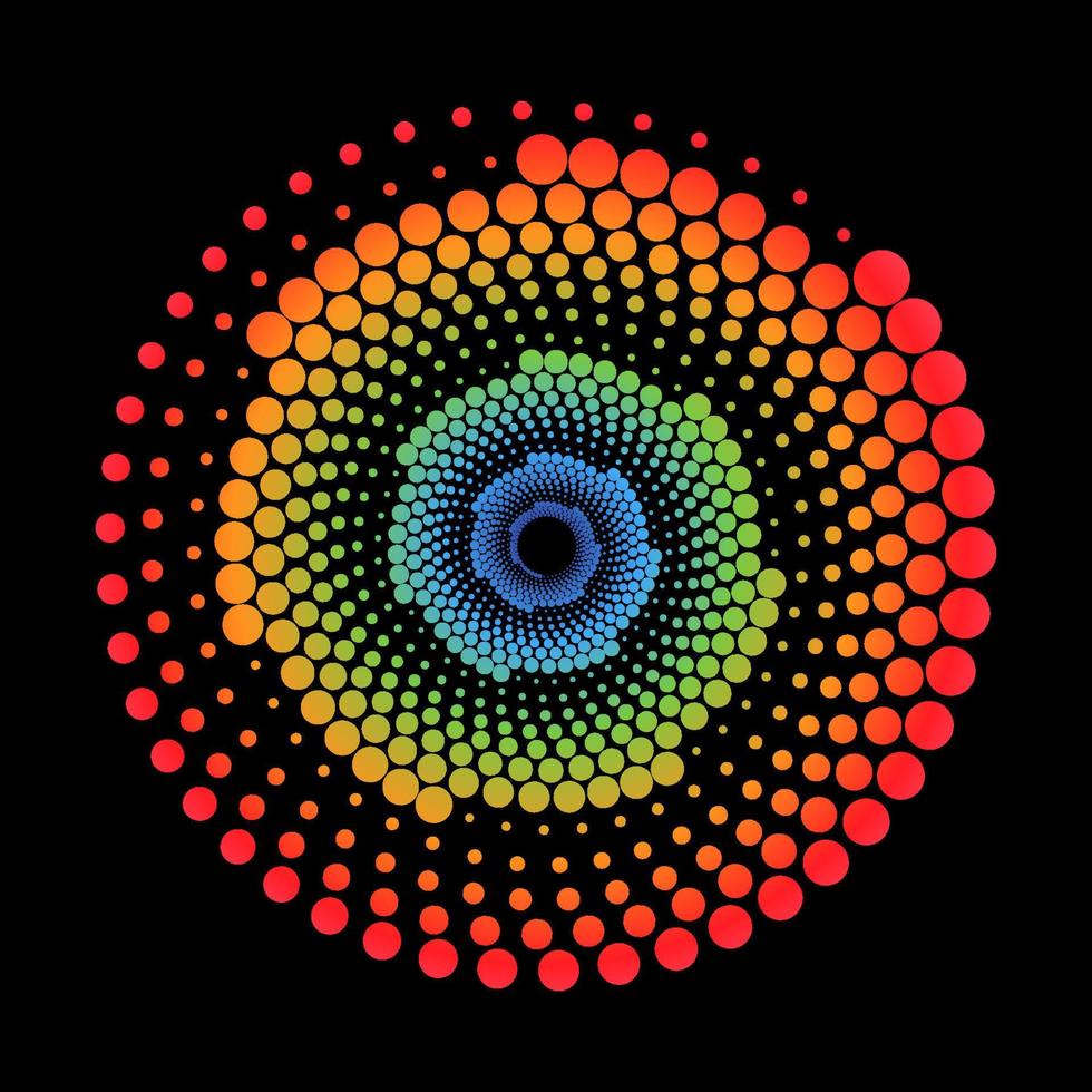 illustrazione astratta di turbinio colorato, logo design. cerchi colorati disposti in cerchio su sfondo nero. spirale. arcobaleno vettore
