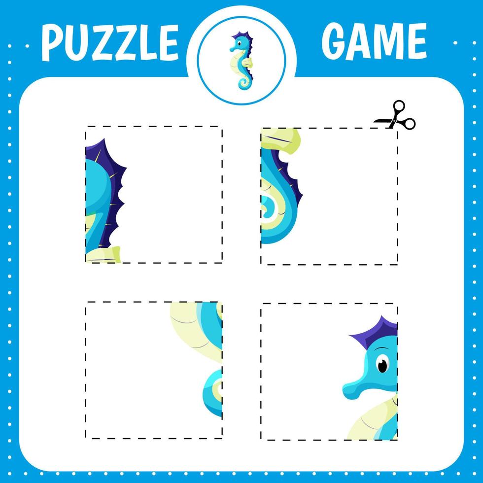 gioco di puzzle per bambini. cartone animato cavalluccio marino. pratica di taglio. foglio di lavoro per lo sviluppo dell'istruzione. pagina delle attività. vettore