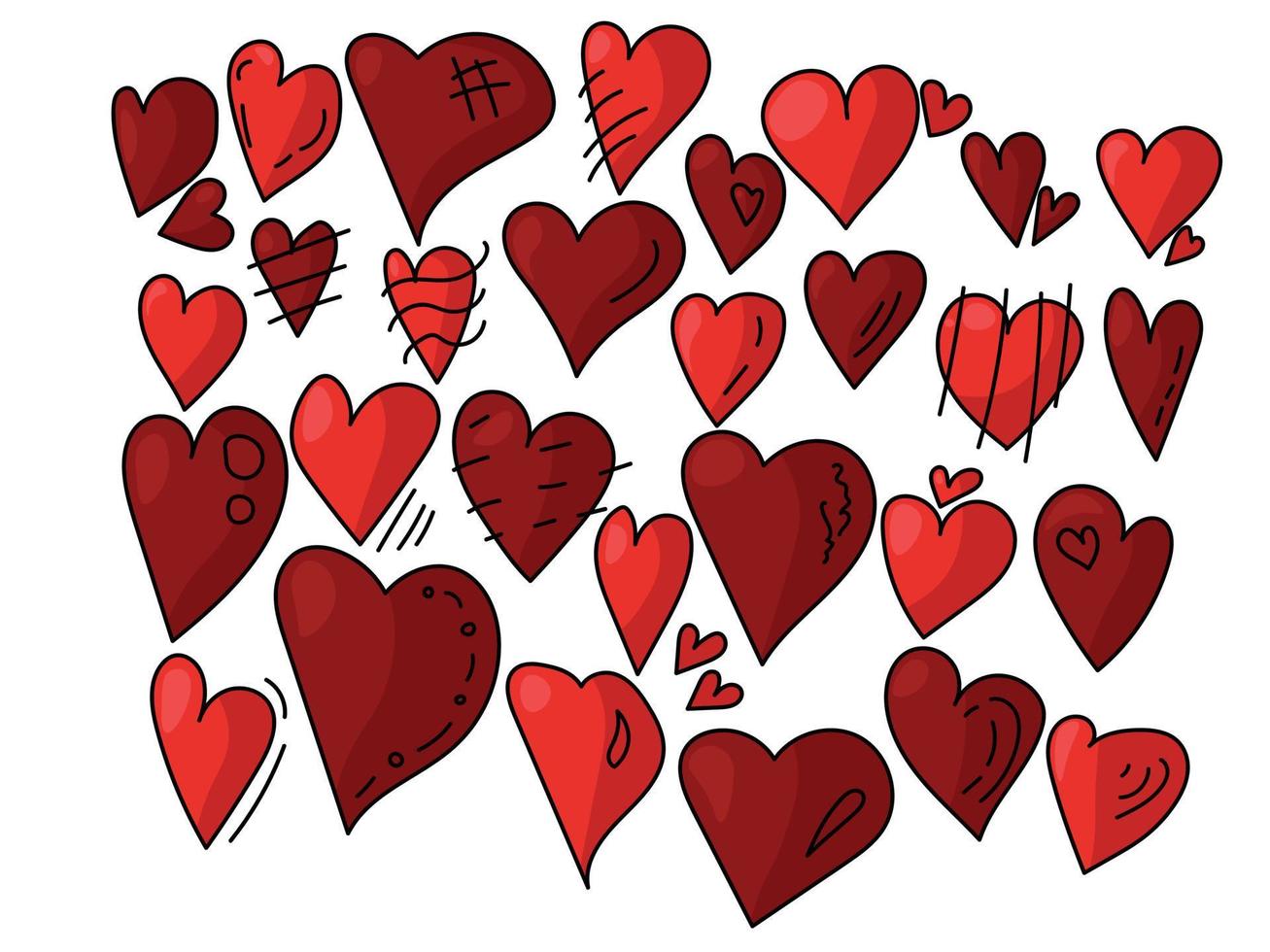 set di cuori rossi con contorno nero, simboli d'amore per il design di San Valentino vettore