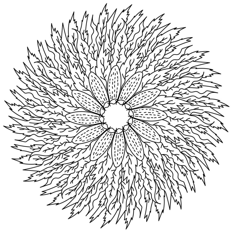 mandala di contorno a forma di grande fiore con un rigoglioso mazzo di foglie intorno, un motivo vegetale a forma di cerchio nella pagina da colorare antistress vettore