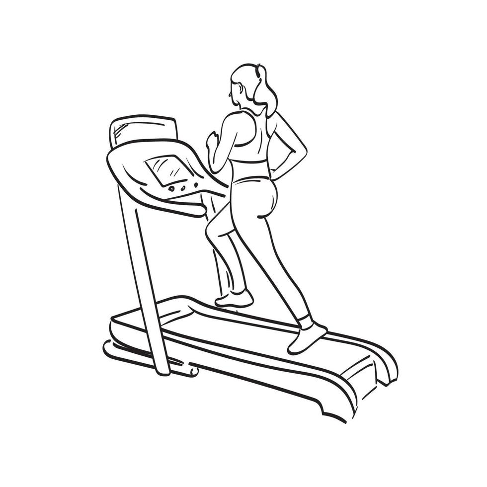 vista posteriore giovane atleta femminile sportiva che corre su un tapis roulant illustrazione vettore disegnato a mano isolato su sfondo bianco line art.