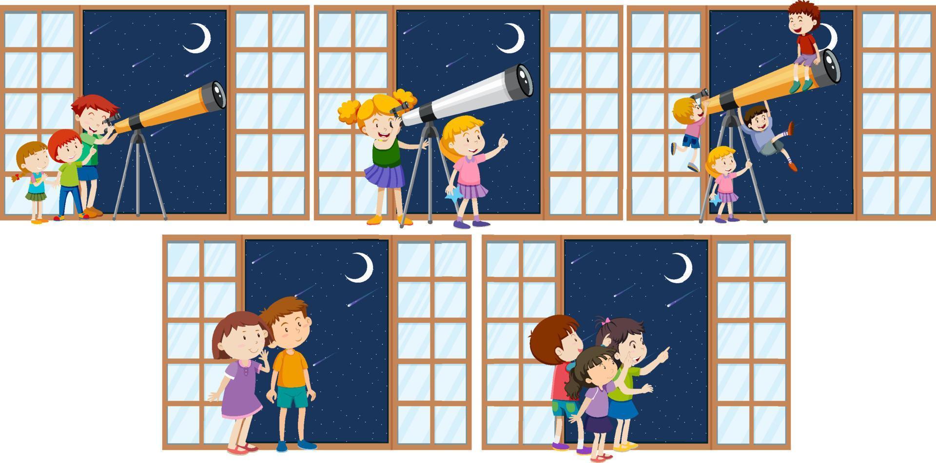 insieme di bambini diversi osservano il cielo notturno con il telescopio vettore