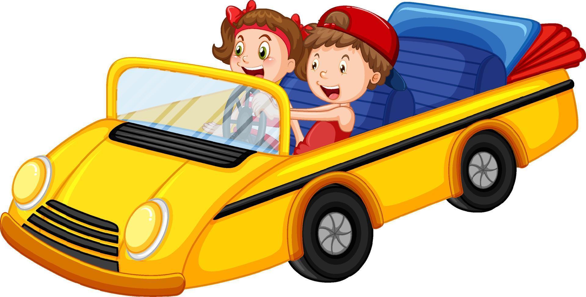 bambini in auto decappottabile d'epoca gialla vettore