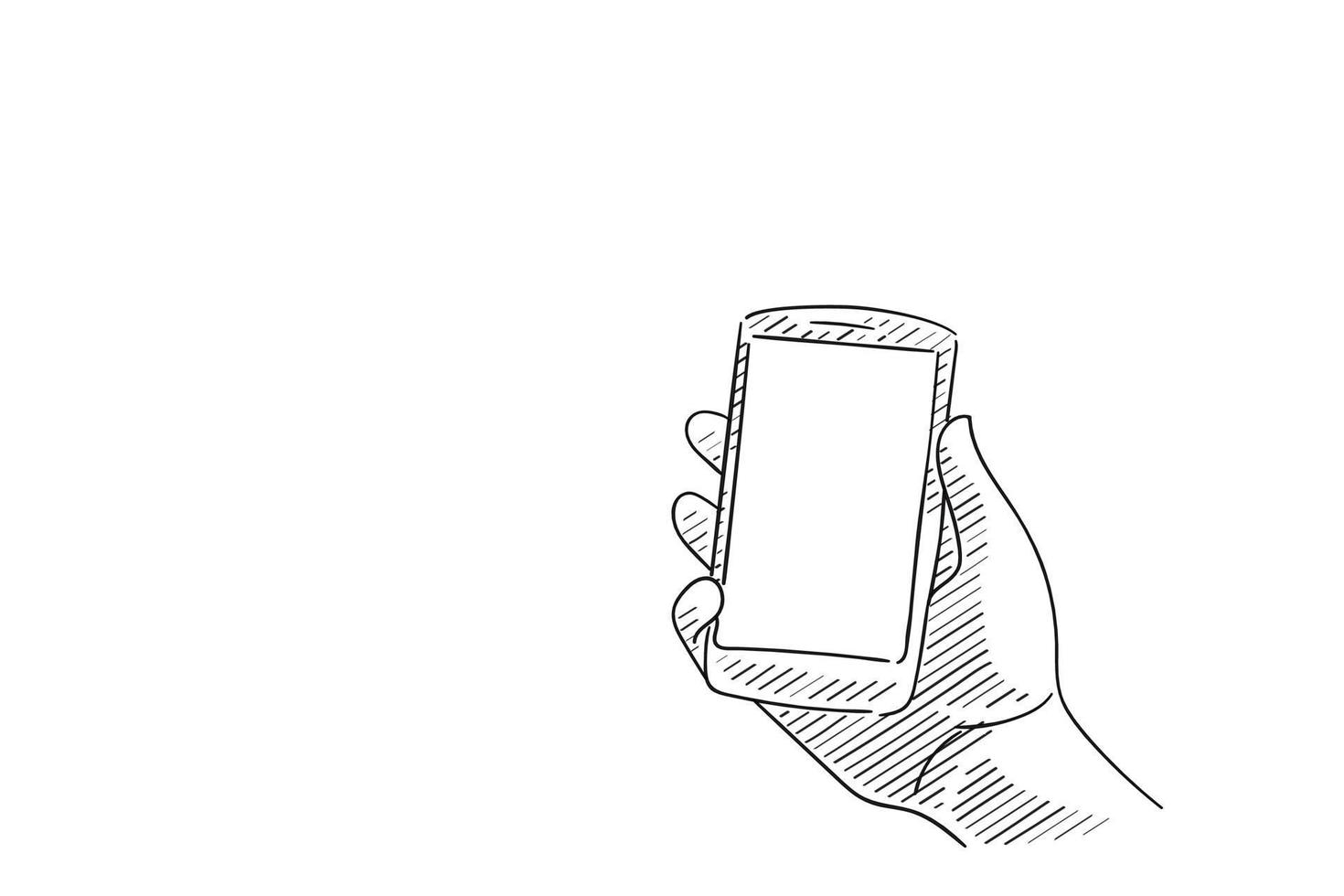 cellulare in mano. schizzo della mano umana che tiene lo smartphone vuoto. disegno di illustrazione vettoriale