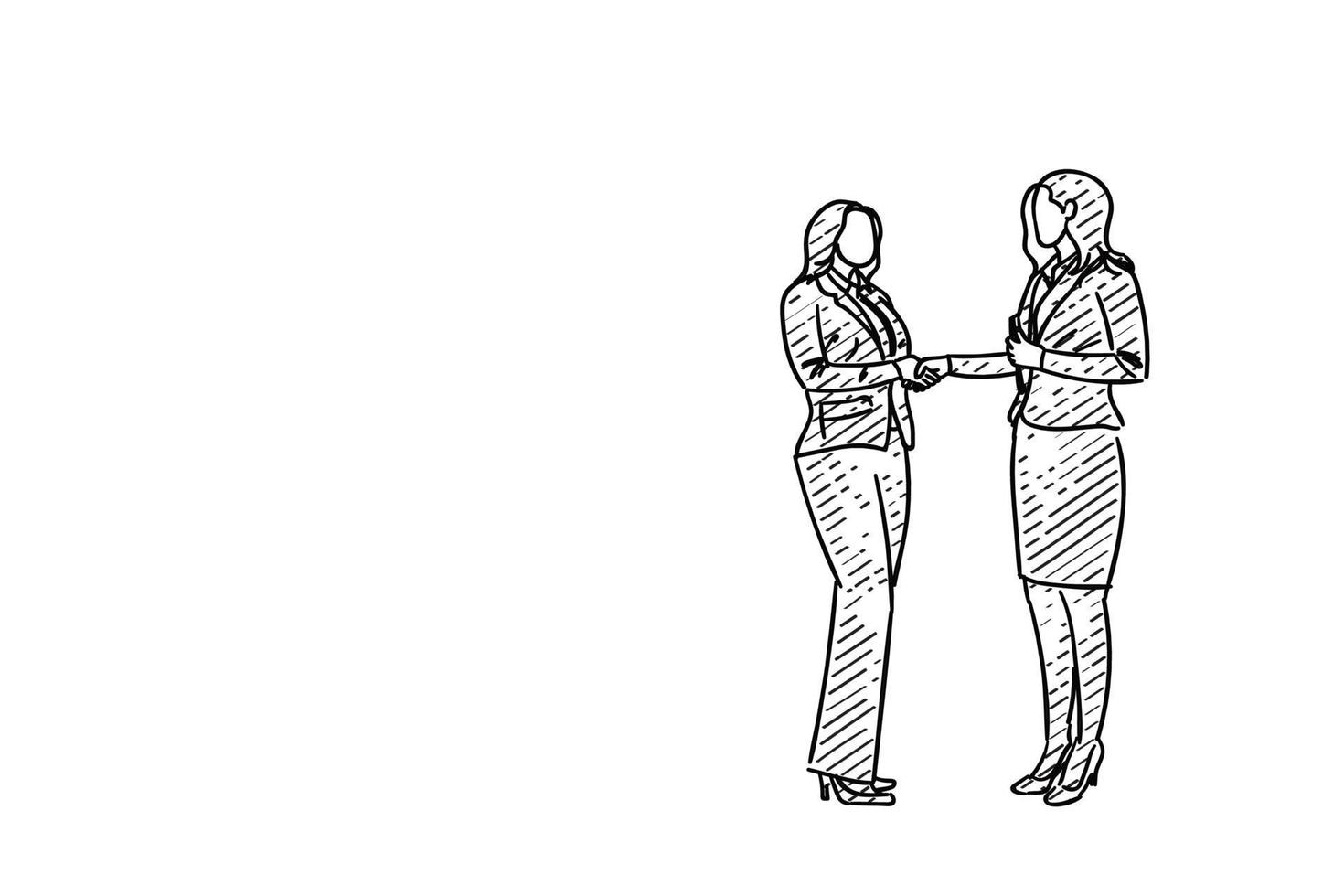 stretta di mano di donne d'affari femminili. dare il benvenuto al nuovo membro del team. disegno di illustrazione vettoriale disegnato a mano