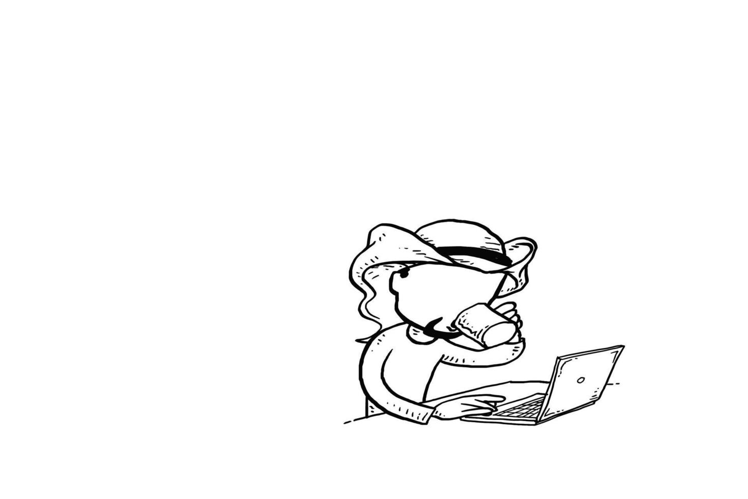 uomo d'affari arabo sorseggiando caffè sulla sua scrivania mentre naviga in internet. disegno dell'illustrazione di vettore del fumetto