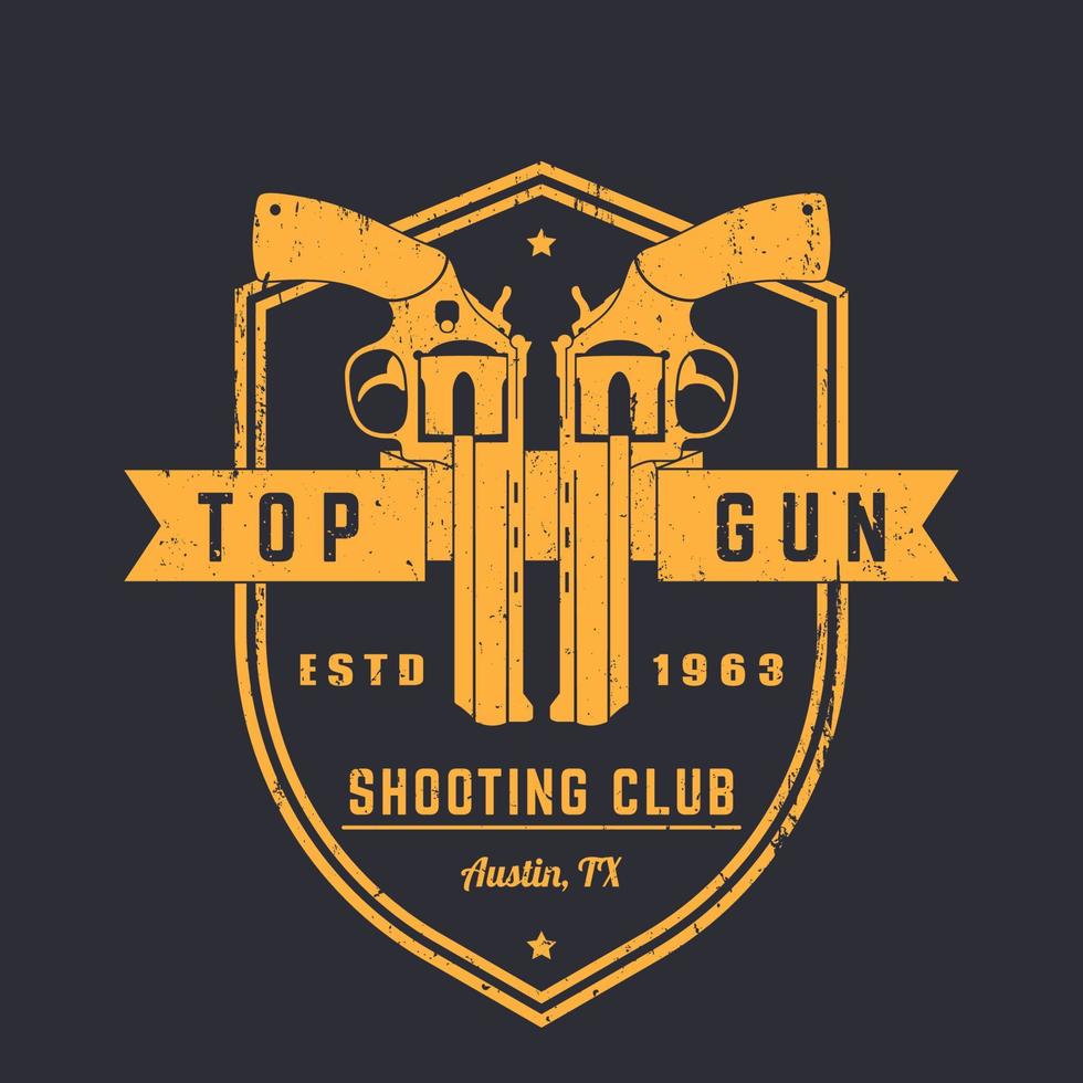 logo vintage gun club, emblema con revolver sullo scudo, texture grunge possono essere rimosse vettore