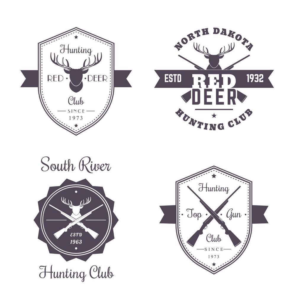 logo vintage del club di caccia, distintivi, emblemi con fucili da caccia incrociati, testa di cervo, isolato su bianco, illustrazione vettoriale
