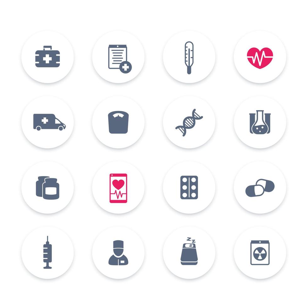 icone della medicina, assistenza sanitaria, ambulanza, ospedale, pillole, farmaci, vaccinazione vettore