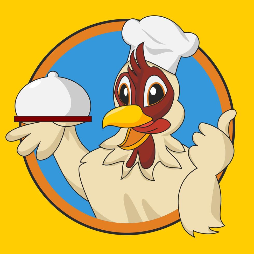 personaggio modificabile dello chef di pollo che tiene il vassoio coperto e dà i pollici in su illustrazione vettoriale in stile cartone animato per progetti di design relativi a piatti di pollo o ristoranti