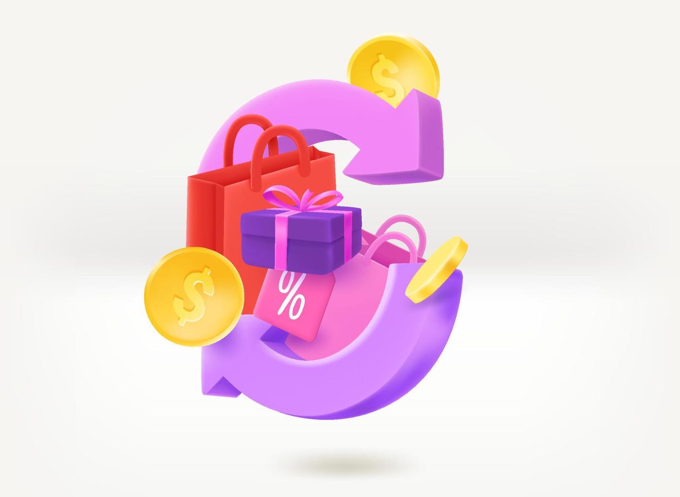 concetto di cashback dello shopping con borse della spesa. illustrazione vettoriale 3d