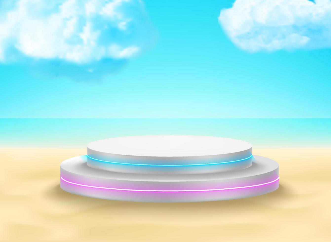 paesaggio con palco al neon su una sabbia. Mockup vettoriale 3d con effetto di sovrapposizione delle ombre