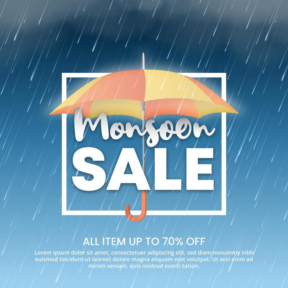 banner di vendita dei monsoni con pioggia e ombrello realistici vettore