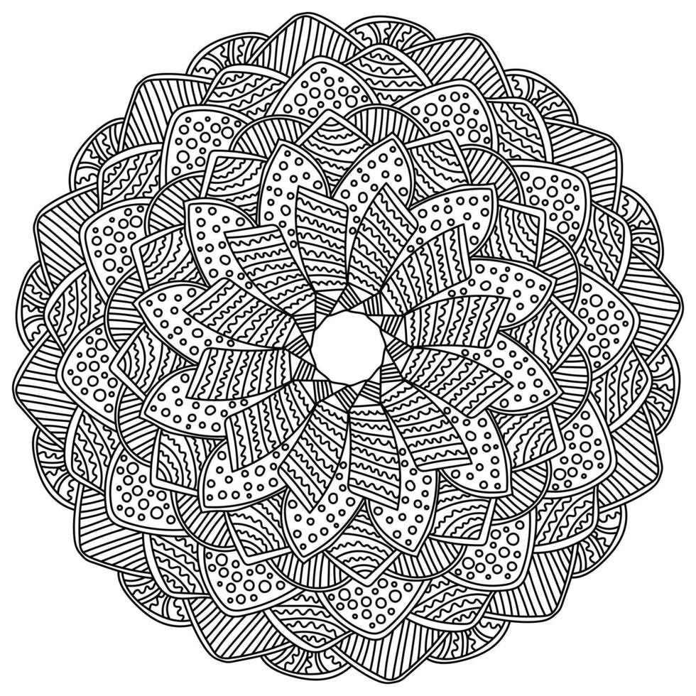 mandala contorno zen con petali fantasia, pagina da colorare a forma di cornice rotonda con cerchi, strisce e onde vettore