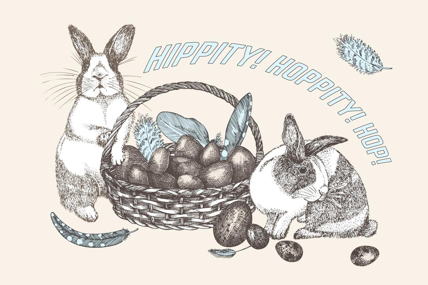 coniglietti e cesto di uova di Pasqua. piume di uccelli. stile vintage inciso. biglietto d'auguri. disegno della decorazione del coniglio dell'estere di line art. banner stile folk di buone vacanze. vettore di luppolo hippy.