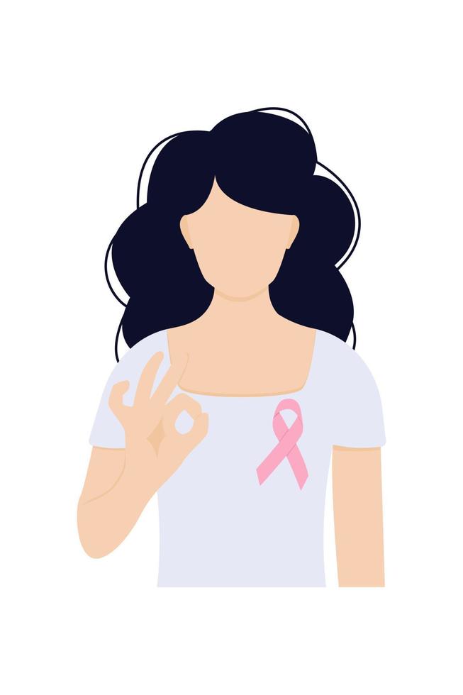 concetto di consapevolezza del cancro al seno. ragazza con fiocco rosa. vettore