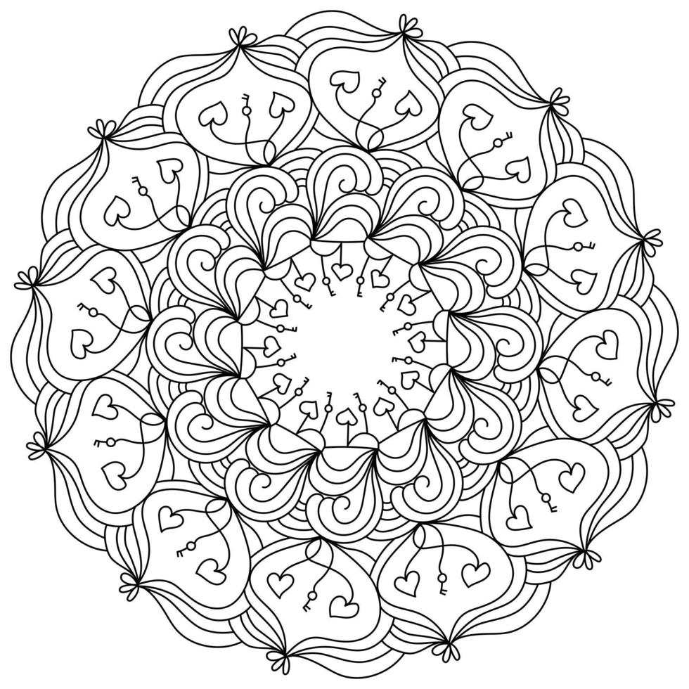 mandala di doodle ornato con cuori e chiave, pagina da colorare antistress con riccioli e anelli per San Valentino vettore