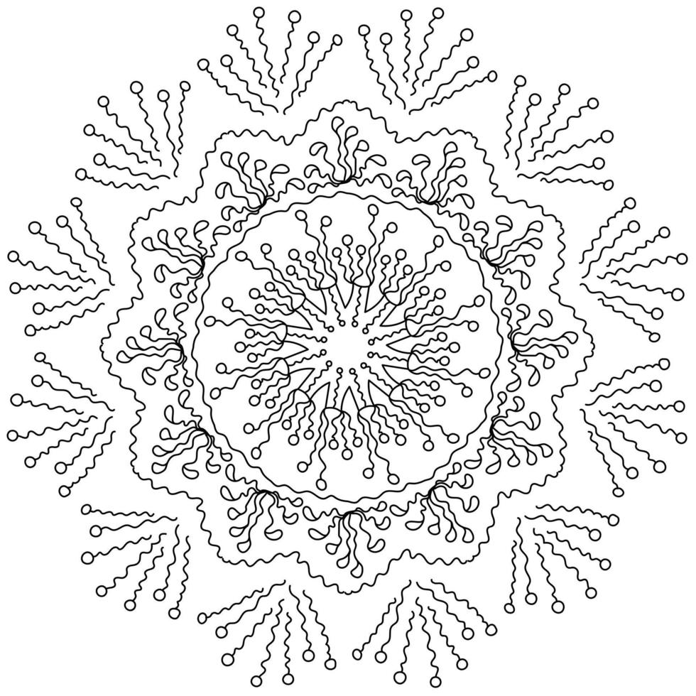 fiocco di neve mandala decorato con linee ondulate e motivi rotondi, forma rotonda astratta zen antistress da colorare vettore