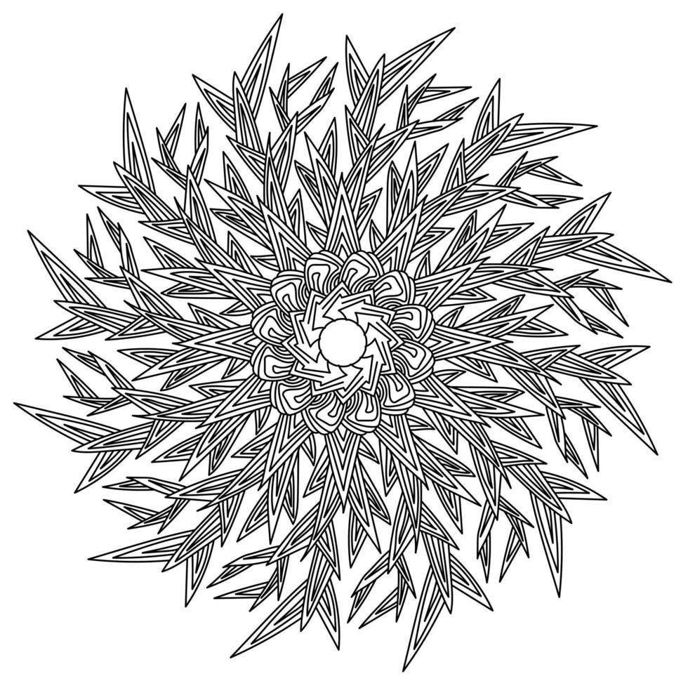 delineare il fiocco di neve mandala zen con spigoli vivi e spine, pagina da colorare antistress invernale con motivi gelidi, vettore